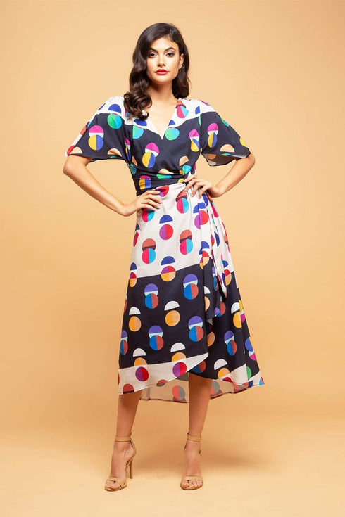 Marika Faux Wrap Dress With Dolman Sleeves - Miro Dot